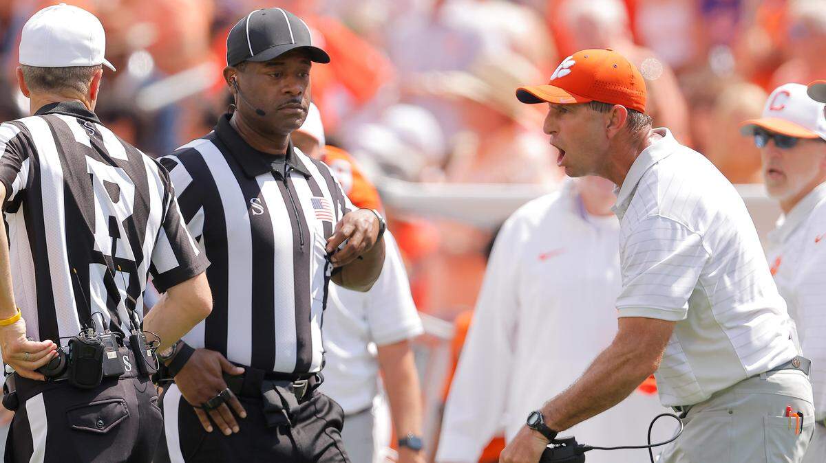 Clemson head coach Dabo Swinney has a word or two for referees after the Tigers were called for roughing the passer during first-half action of the Syracuse game in Clemson, S.C on Saturday, Sept. 20, 2025.