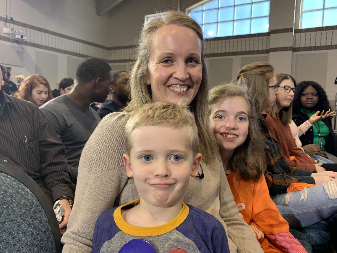 Emily Brown, 39, of Spartanburg, came to a Tom Steyer event at USC Upstate, with her son Levi, 6, and daughter Hensley, 9.
