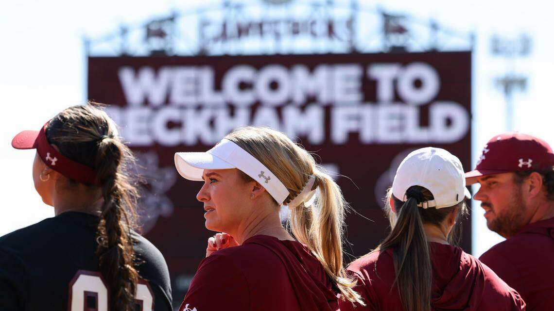South Carolina head coach Ashley Chastain stands with her team before the Gamecocks’ scrimmage against USC Aiken in Columbia on Saturday, October 12, 2024.