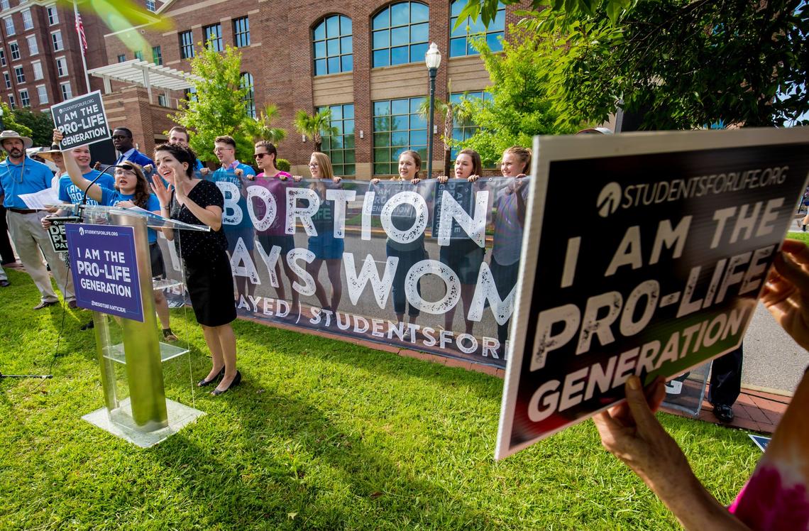 Students for Life regional director Michele Hendrickson speaks outside the Planned Parenthood Action Fundâ€™s â€œWe Decide: 2020 Election Membership Forumâ€ at the USC Alumni Center in Columbia, SC.