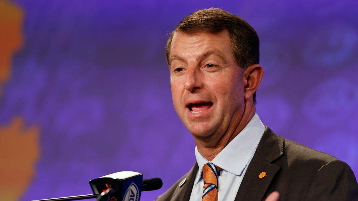 Clemson head coach Dabo Swinney answers a question at the NCAA college football Atlantic Coast Conference Media Days in Charlotte, N.C., Wednesday, July 20, 2022. (AP Photo/Nell Redmond)