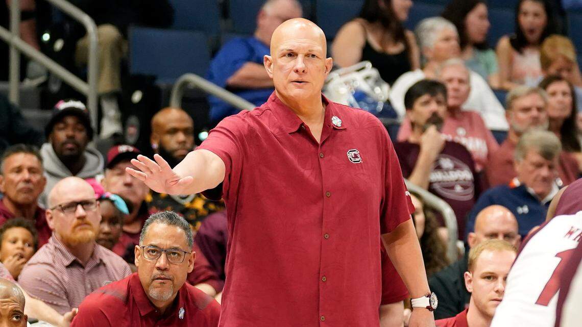 South Carolina head coach Frank Martin directs his players against Mississippi State during the first half of an NCAA men’s college basketball game at the Southeastern Conference tournament in Tampa, Fla., Thursday, March 10, 2022. (AP Photo/Chris O’Meara)