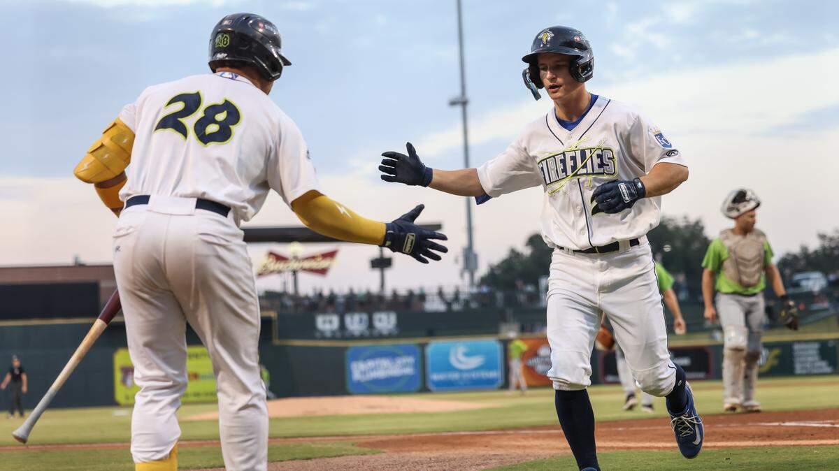 Columbia Fireflies outfielder Luke Nowak (26) celebrates after hitting a home run during Game 2 of the Carolina League Championship Series between the Fireflies and the Hillcats at Segra Park on Tuesday, September 16, 2025.
