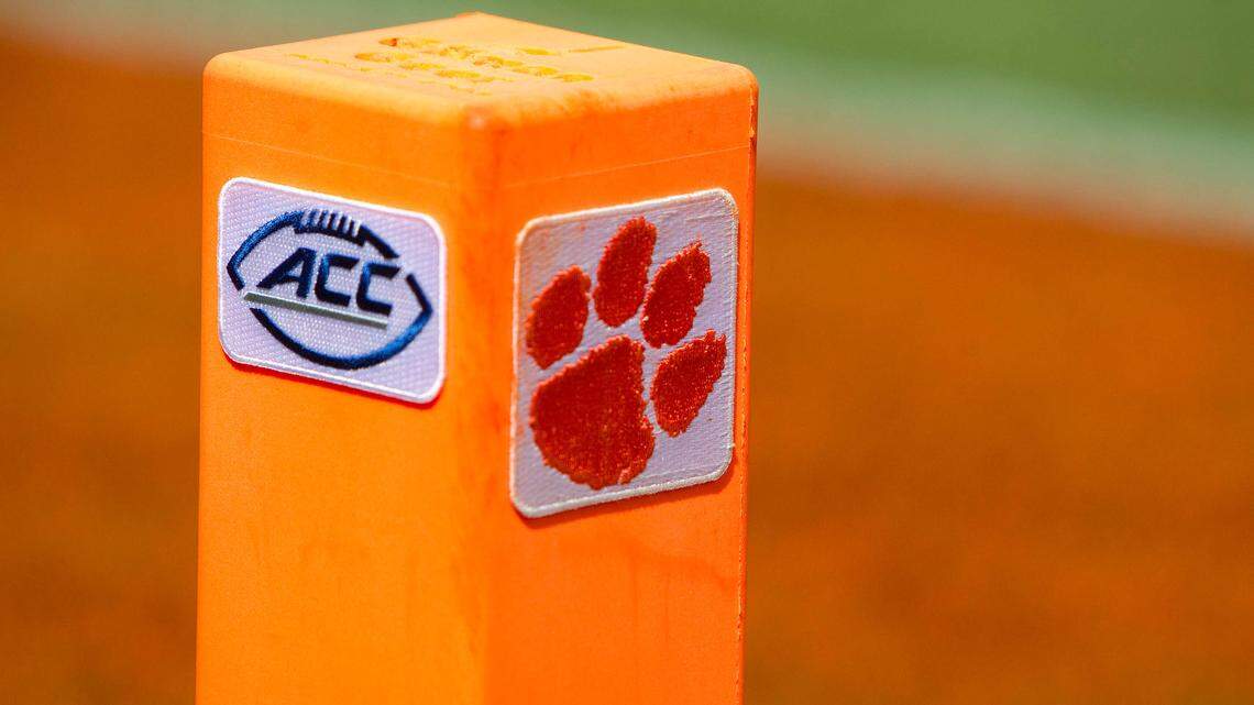 Sep 6, 2014; Clemson, SC, USA; General view of a pylon with the ACC logo during the second half of the game against the Clemson Tigers and the South Carolina State Bulldogs at Clemson Memorial Stadium. Tigers won 73-7.