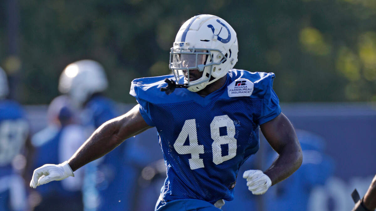 Indianapolis Colts linebacker Skai Moore (48) during practice at the NFL team’s football training camp in Westfield, Ind., Thursday, Aug. 2, 2018.