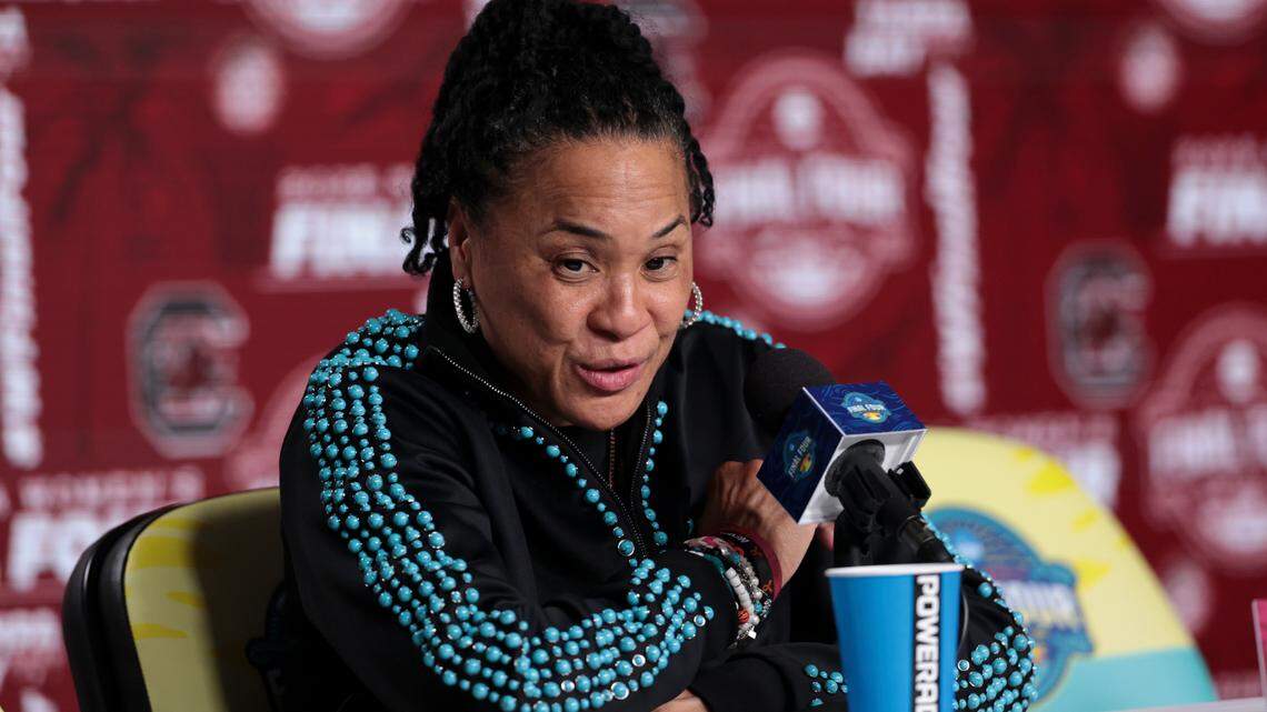 University of South Carolina Head Coach Dawn Staley answers questions during a press conference after the Gamecocks lost to the University of Connecticut for the NCAA National Championship at Amalie Arena in Tampa, Fla. on Sunday, April 6, 2025.