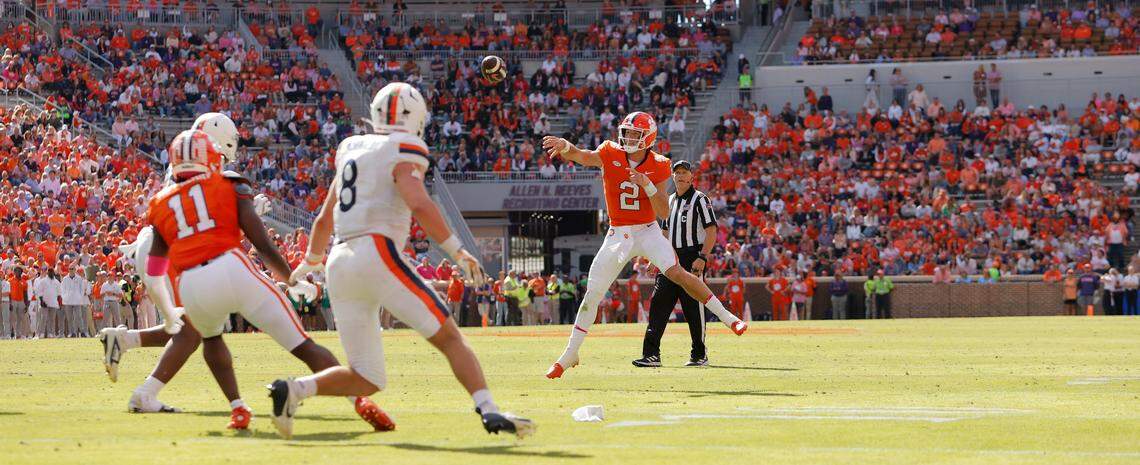 Clemson quarterback Cade Klubnik (2) unloads a pass against Virginia during second-half action in Clemson, S.C. on Saturday, Oct. 19, 2024.