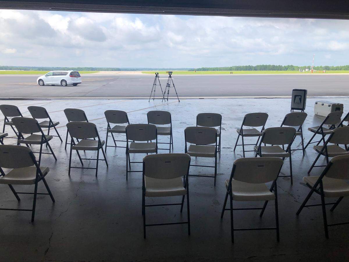 Chairs are lined up in advance of President Joe Biden’s arrival at the Columbia Metropolitan Airport Thursday.