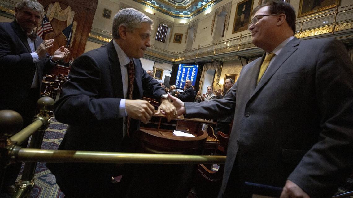 S.C. House Speaker Jay Lucas, R-Darlington, shakes hands with state Rep. Leon Stavrinakis, D-Charleston, after being elected speaker during a session at the South Carolina State House Tuesday Dec. 4, 2018, in Columbia, S.C.
