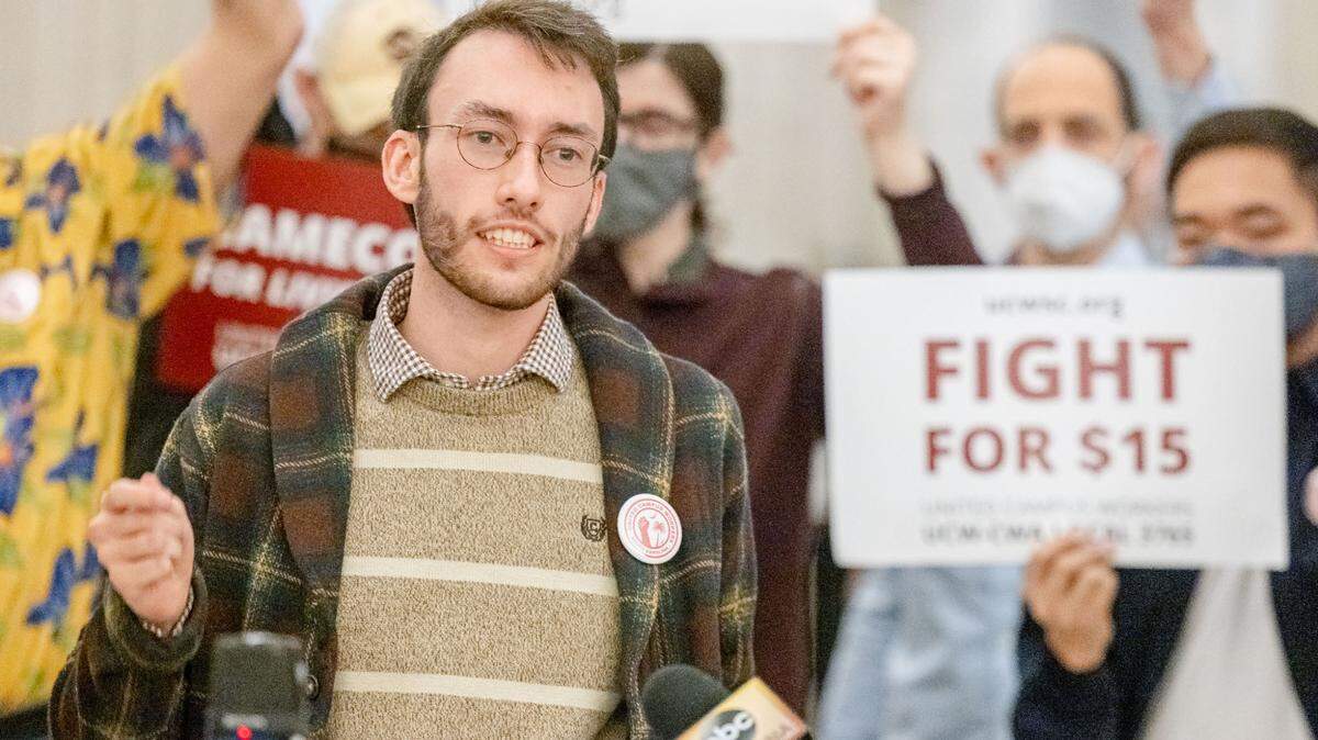 Anson Foster, a member of the United Campus Workers of South Carolina, speaks at an event in March