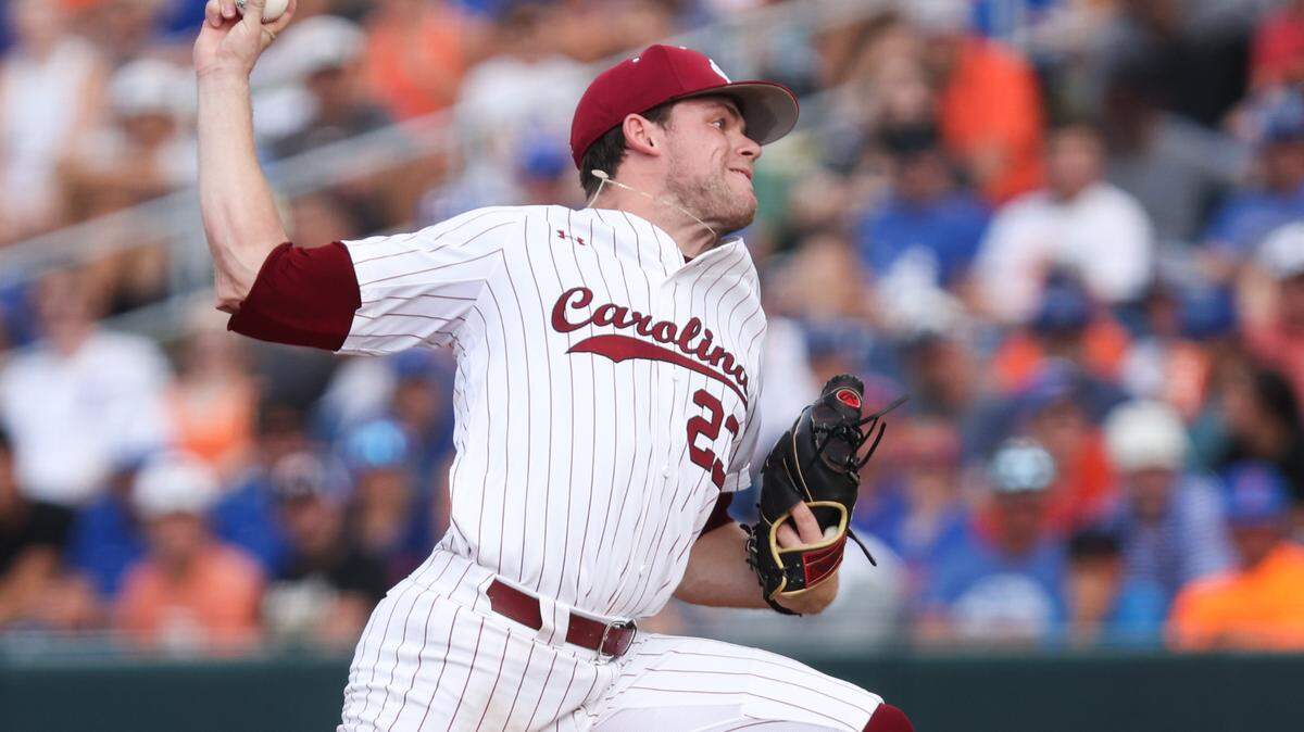 Jack Mahoney (23) of South Carolina pitches during South Carolina’s game against Florida in the Super Regional round of the 2023 NCAA College Baseball Championship at Condron Ballpark in Gainesville on Saturday, June 10, 2023.