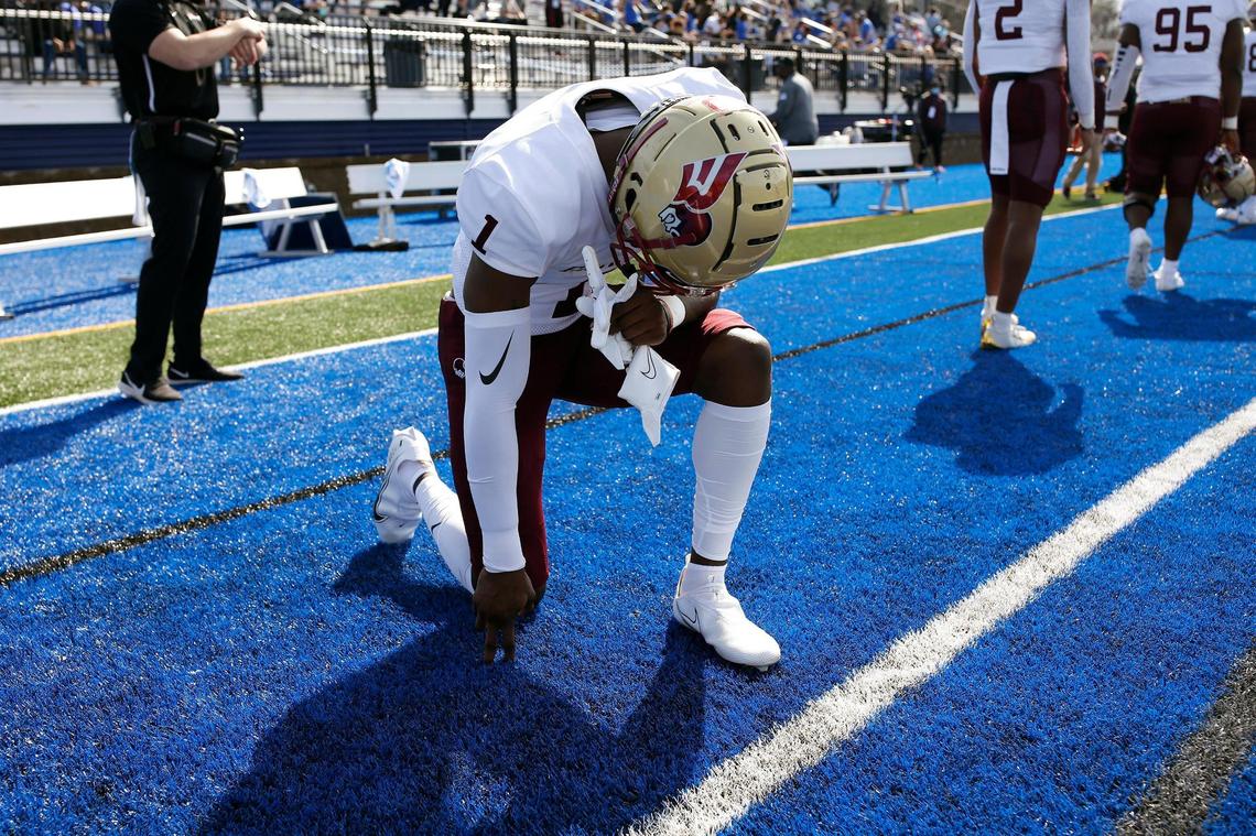 Erskine wide receiver Senika McKie (1) prepares for the game Saturday against Barton.