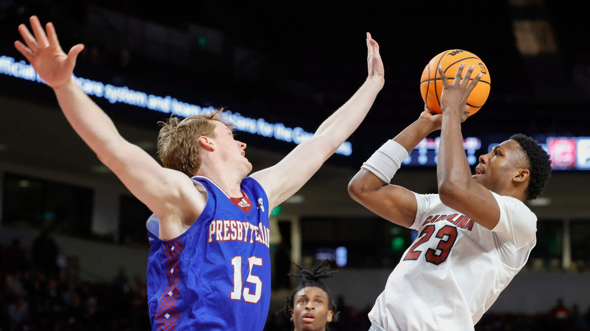 South Carolina’s GG Jackson (23) shoots asPresbyterian’s Owen McCormack (15) pressures during the first half of action in the Colonial Life Arena on Sunday, Dec. 11, 2022.