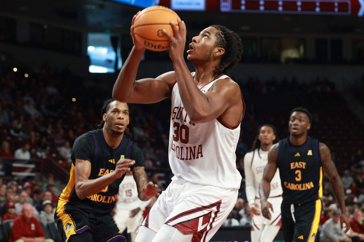 South Carolina Forward Collin Murray-Boyles (30) scores against East Carolina at Colonial Life Arena on Saturday, December 7, 2024.