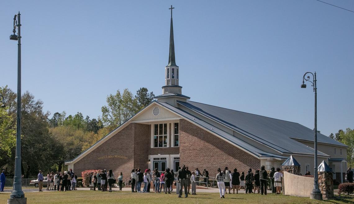 People gather outside Saints Center Ministries in Walterboro for a celebration of 10-year-old Raniya Wright’s life. 4/3/19