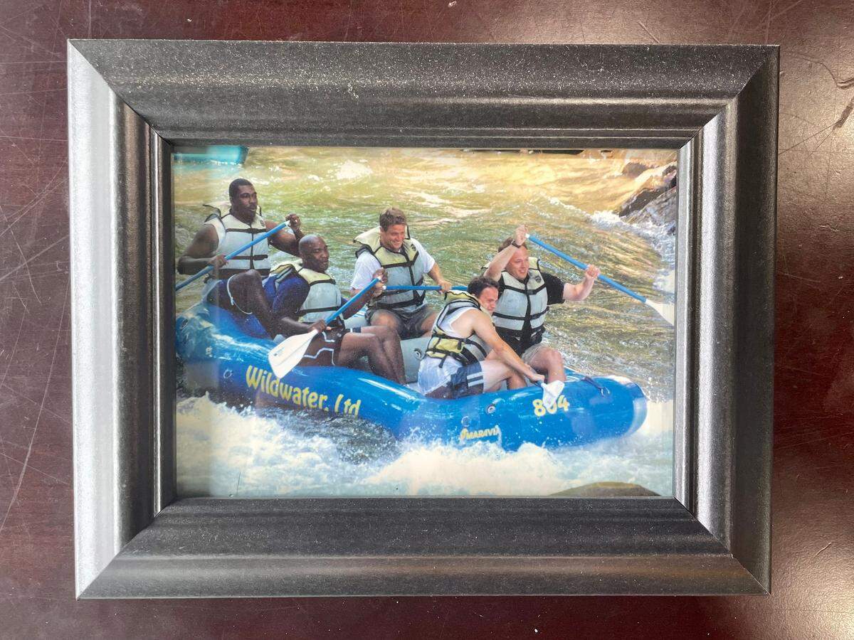 South Carolina defensive coordinator Clayton White (second from left) goes went whitewater rafting every year with fellow Western Carolina assistant coaches Myron jackson (rear), Mitch Hall, Matt Rhule and Geoff Collins.
