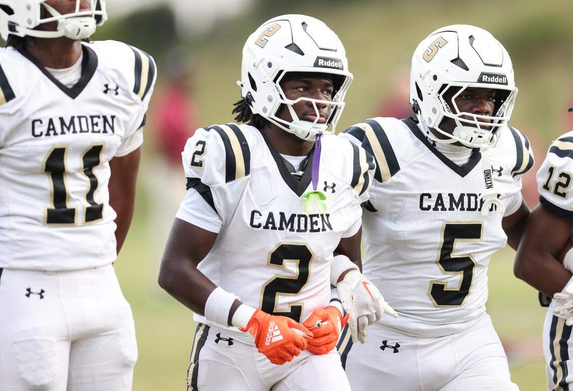 Tylin Drakeford (2) of Camden take the field before White Knoll’s game against Camden in Lexington on Thursday, August 21, 2025.