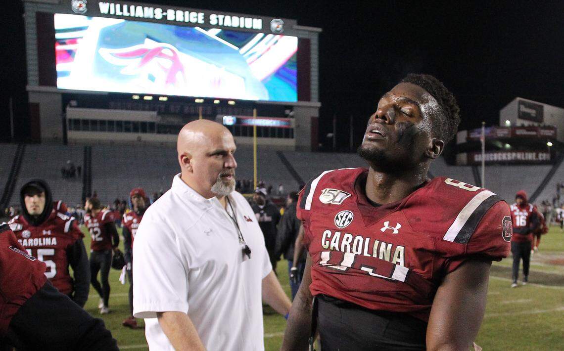 South Carolina’s Bryan Edwards reacts to the Gamecocks’ loss to Appalachian State in Columbia, S.C. on Saturday, Nov. 9, 2019.