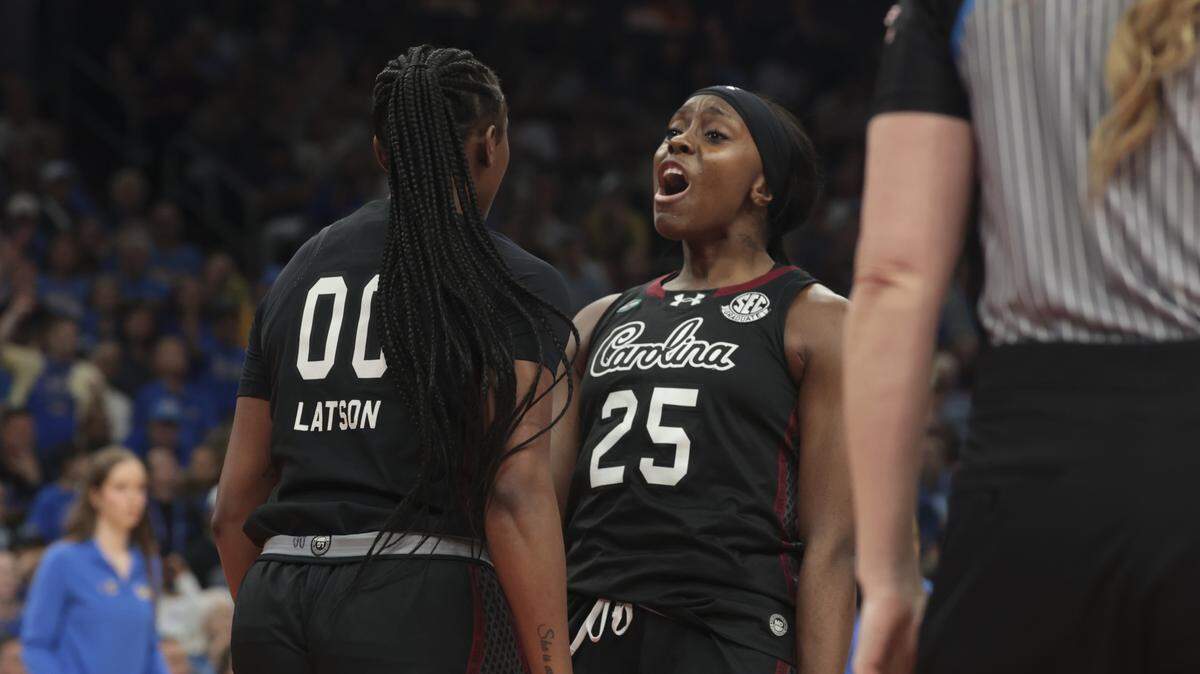 South Carolina's Ta'Niya Latson (00) and Raven Johnson (25) celebrate during the first half of action of their women's basketball game for the NCAA national championship against UCLA at Mortgage Matchup Center in Phoenix on Sunday, April 5, 2026.