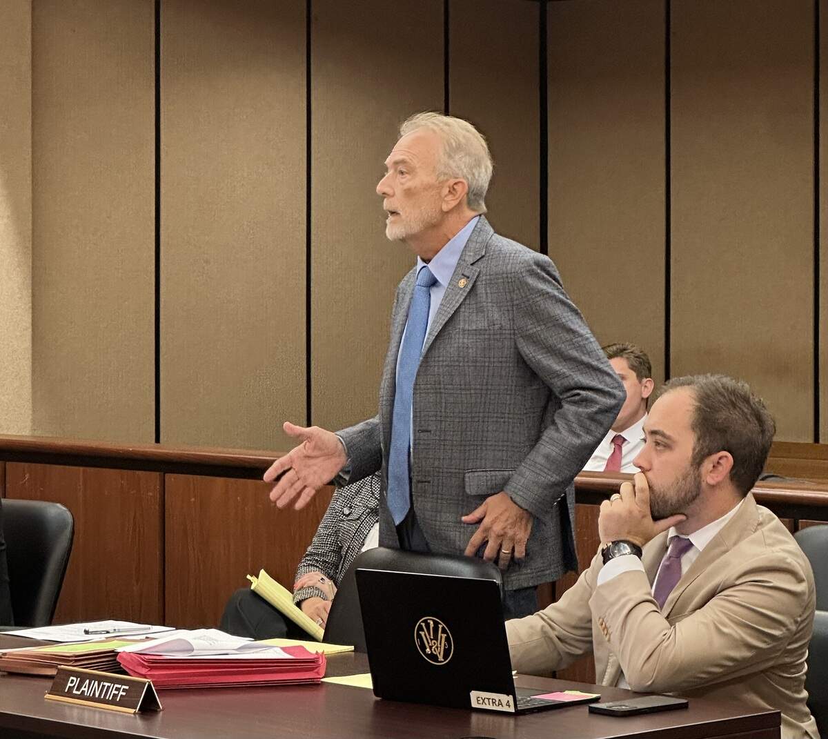 State Sen. Brad Hutto, D-Orangeburg, represents client Anne Crook during a hearing Wednesday, Sept. 24, 2025, at the Richland County Courthouse in Columbia, S.C.