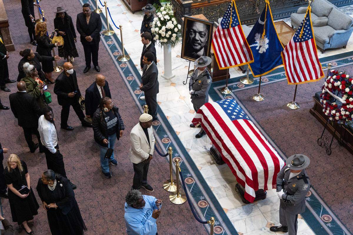 Rev. Jesse Jackson lays in state at the South Carolina State House on Monday, March 2, 2026.