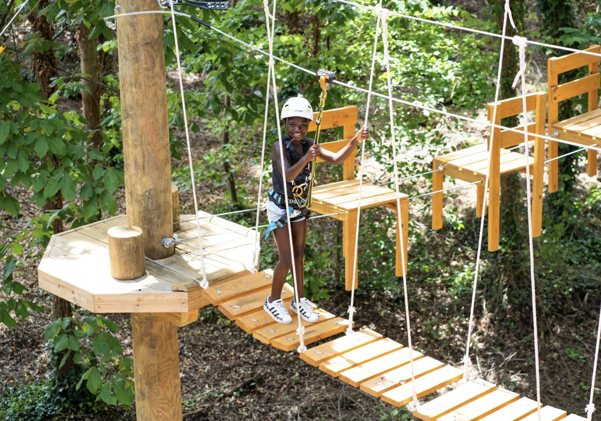 The park has a three-story, tree-spanning obstacle course featuring 58 athletic experiences.