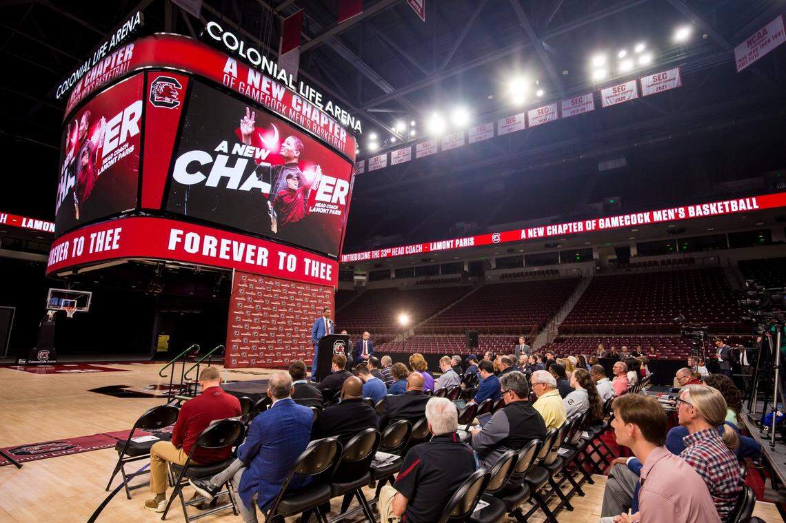 New South Carolina Gamecocks mens basketball head coach Lamont Paris speaks during a press conference introducing him at Colonial Life Arena Thursday, March 24, 2022.
