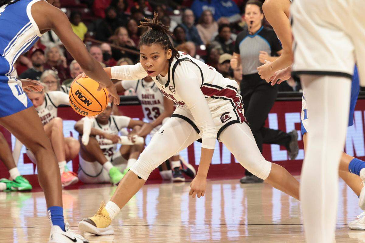 University of South Carolina guard Maddy McDaniel (1) moves the ball during the second half of action against Duke in the Colonial Life Arena on Thursday Dec. 5, 2024.