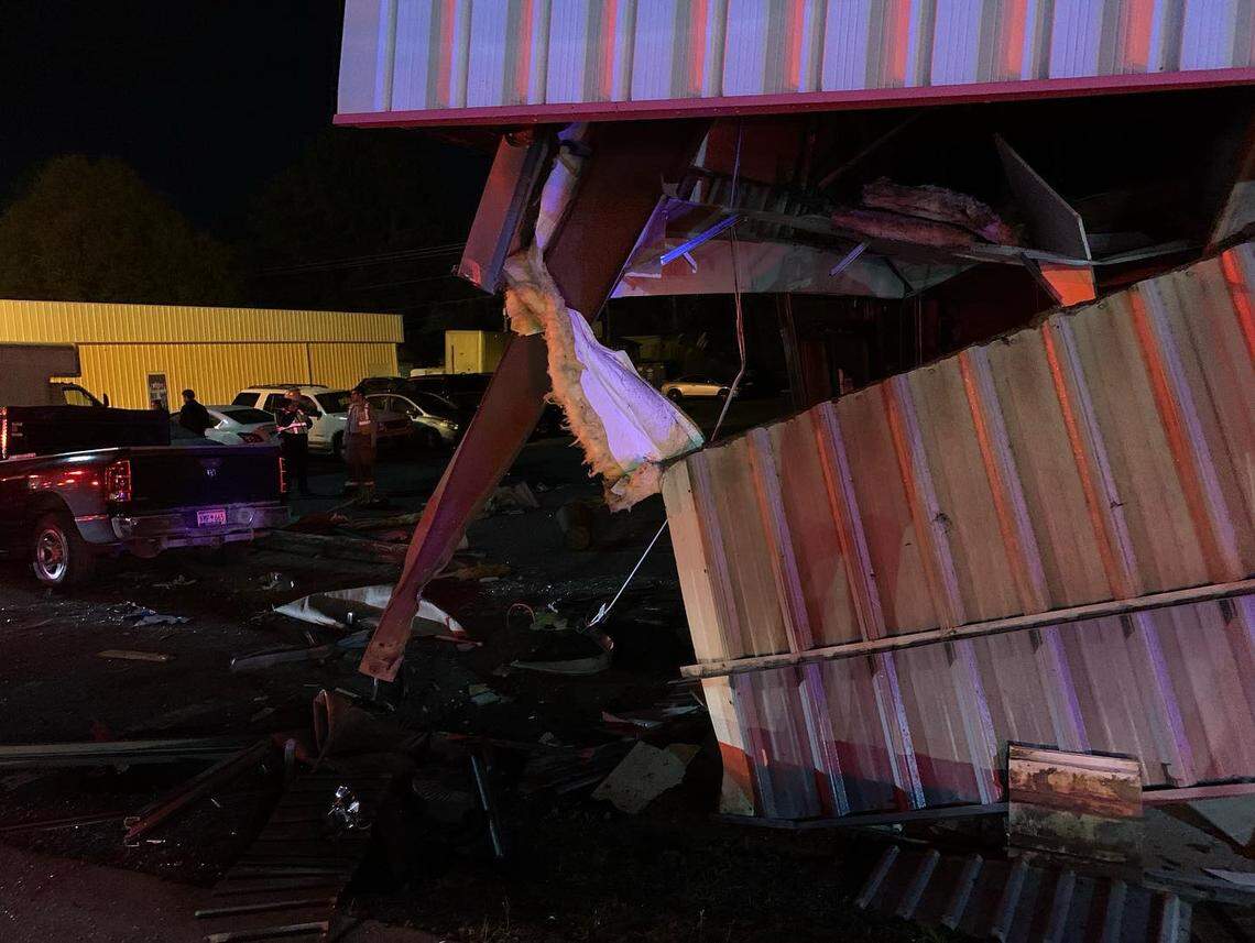 A business was substantially damaged after a truck crashed through it, according to the Irmo Fire District.