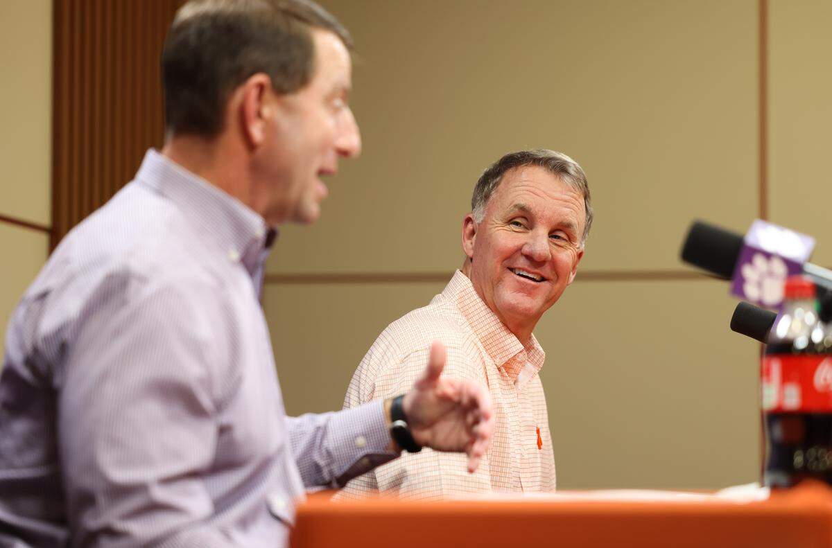 Clemson head coach Dabo Swinney and offensive coordinator Chad Morris speak during a press conference in Clemson on Friday, January 23, 2026.