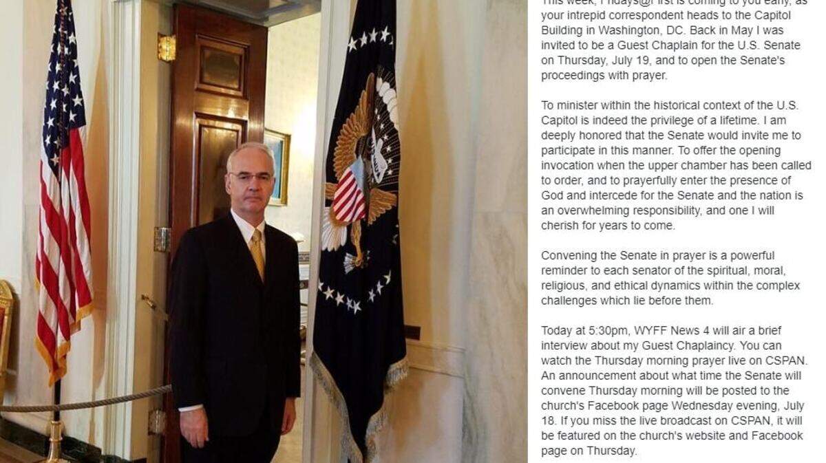 Rev. Dr. Richard Gibbons, the senior pastor at the First Presbyterian Church of Greenville, will kick off the Senate’s day Thursday with a prayer.