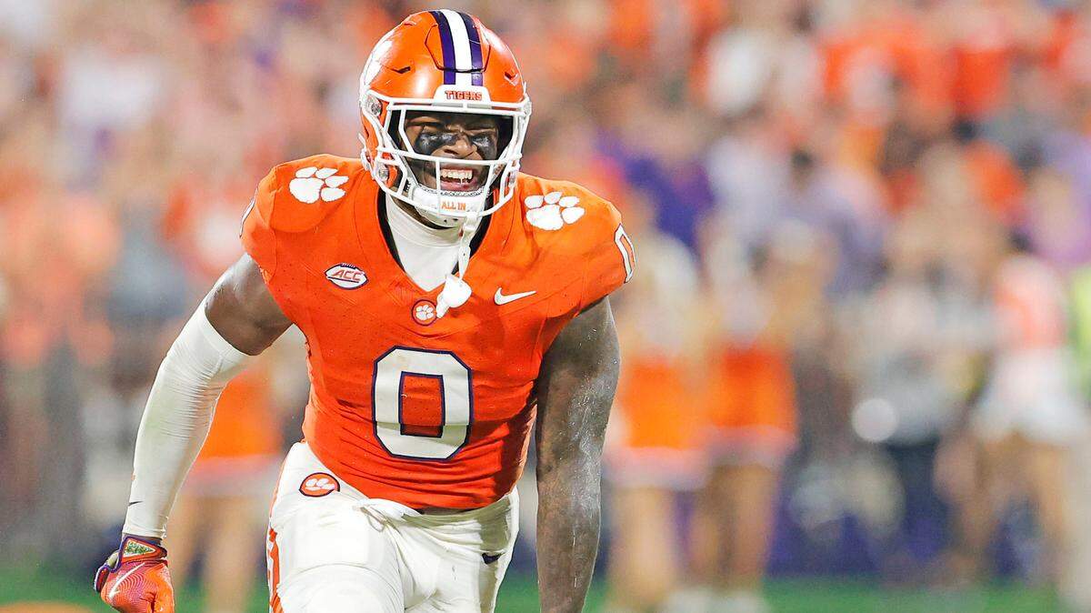 Clemson linebacker Barrett Carter (0) is all smiles after putting a big hit on Stanford in Clemson, S.C. on Saturday, Sept. 28, 2024.