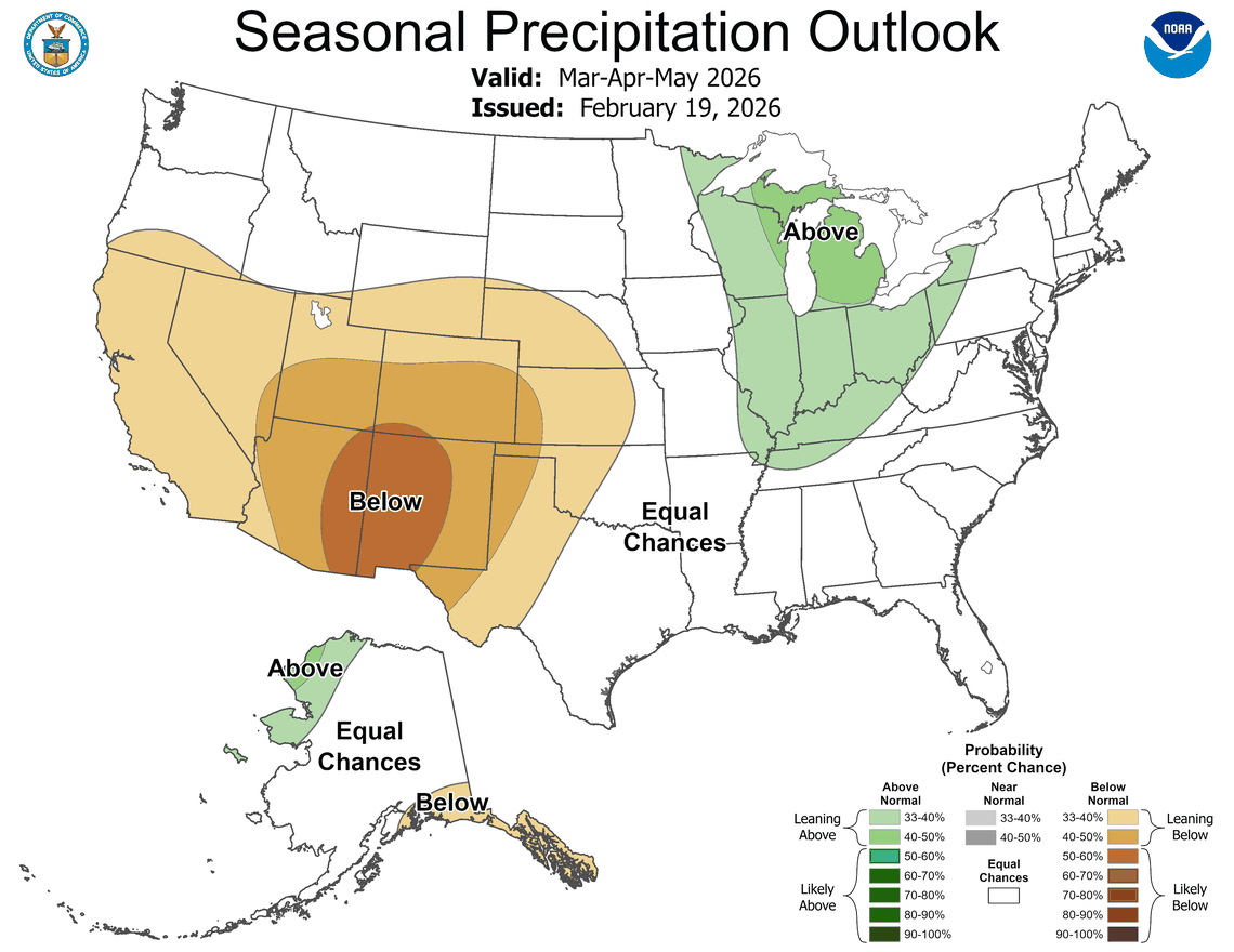 A map of the U.S. that shows the forecasted precipitation for the next several months.