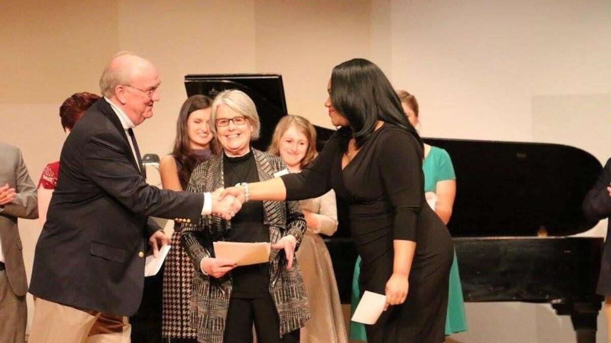 Van and Bettie Edwards, co-directors of the Metropolitan Opera Company of New York auditions, congratulate Gabriella Sams, one of the 2017 local winners. Sams went on to compete in the south east regionals and won one of the encouragement awards.