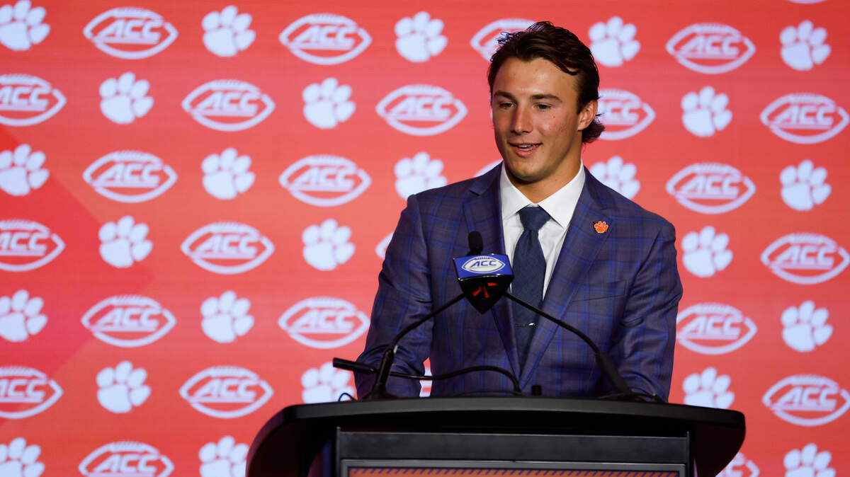 Clemson quarterback Cade Klubnik speaks to the media at the 2024 ACC Kickoff in Charlotte, N.C., Thursday, July 25, 2024.
