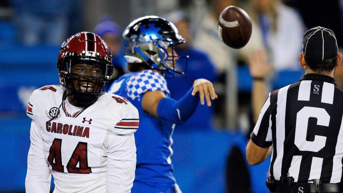 South Carolina linebacker Sherrod Greene (44) celebrates after sacking Kentucky quarterback Kaiya Sheron, behind, during the second half of an NCAA college football game in Lexington, Ky., Saturday, Oct. 8, 2022. (AP Photo/Michael Clubb)