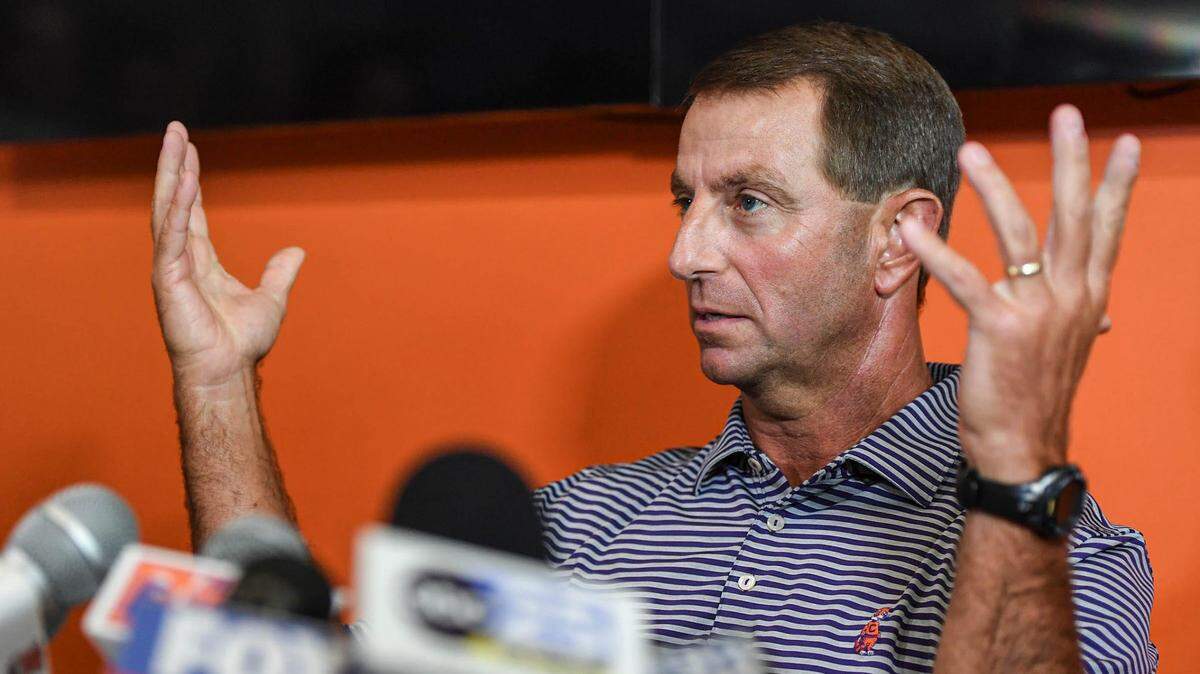 Clemson head coach Dabo Swinney speaks during Clemson Media Outing & Open House at the Allen N. Reeves Football Complex in Clemson Tuesday, July 18, 2023.
