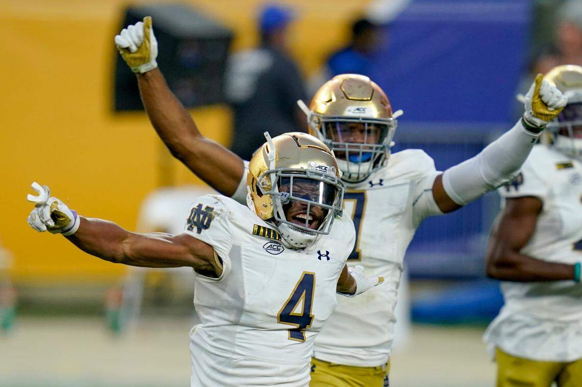 Notre Dame cornerback Nick McCloud (4) celebrates after intercepting a pass earlier this season against Pitt.