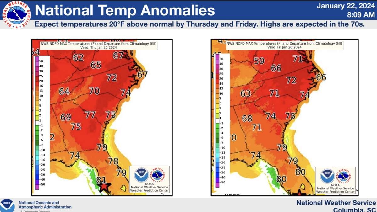 Maps that show forecasts of temperatures for South Carolina and much of the Southeast on Thursday and Friday.