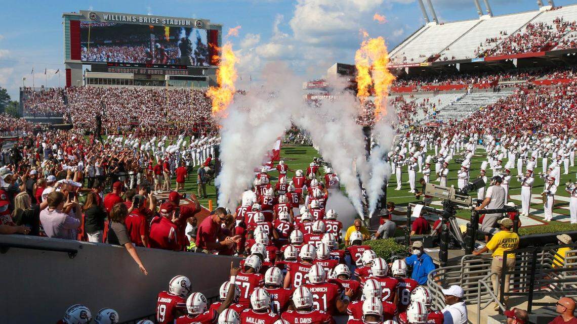 The Gamecocks enter the field to play Troy on Saturday, Oct. 2, 2021 at Williams-Brice Stadium.