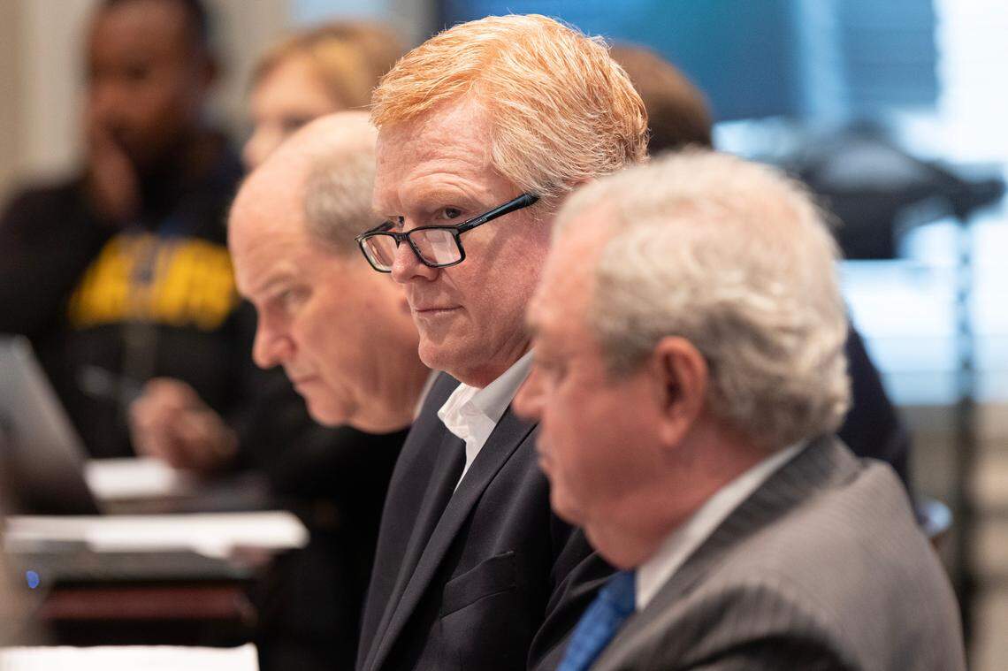 Alex Murdaugh listens to prosecutor Creighton Waters making closing arguments in his trial for murder at the Colleton County Courthouse on Wednesday, March 1, 2023. Joshua Boucher/The State/Pool