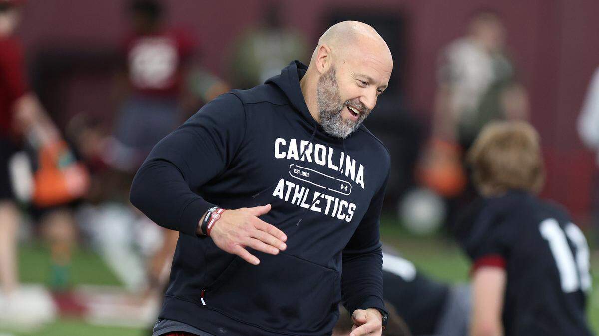 South Carolina assistant coach Mike Furrey during a 2026 spring football practice.