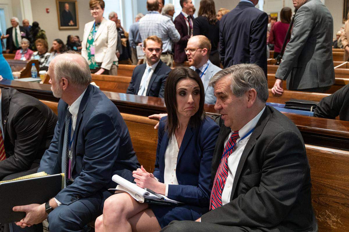 Prosecutor Savanna Goude and John Meadors speak before Alex Murdaugh’s trial for murder resumes at the Colleton County Courthouse on Tuesday, Jan. 31, 2023. Joshua Boucher/The State/Pool