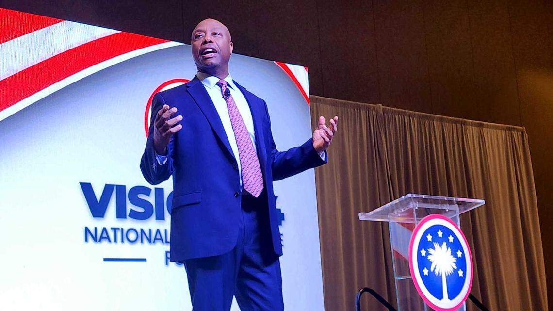 U.S. Sen. Tim Scott, R-S.C., speaks during a Vision ’24 National Conservative Forum on Saturday March 18, 2023, in North Charleston, S.C.