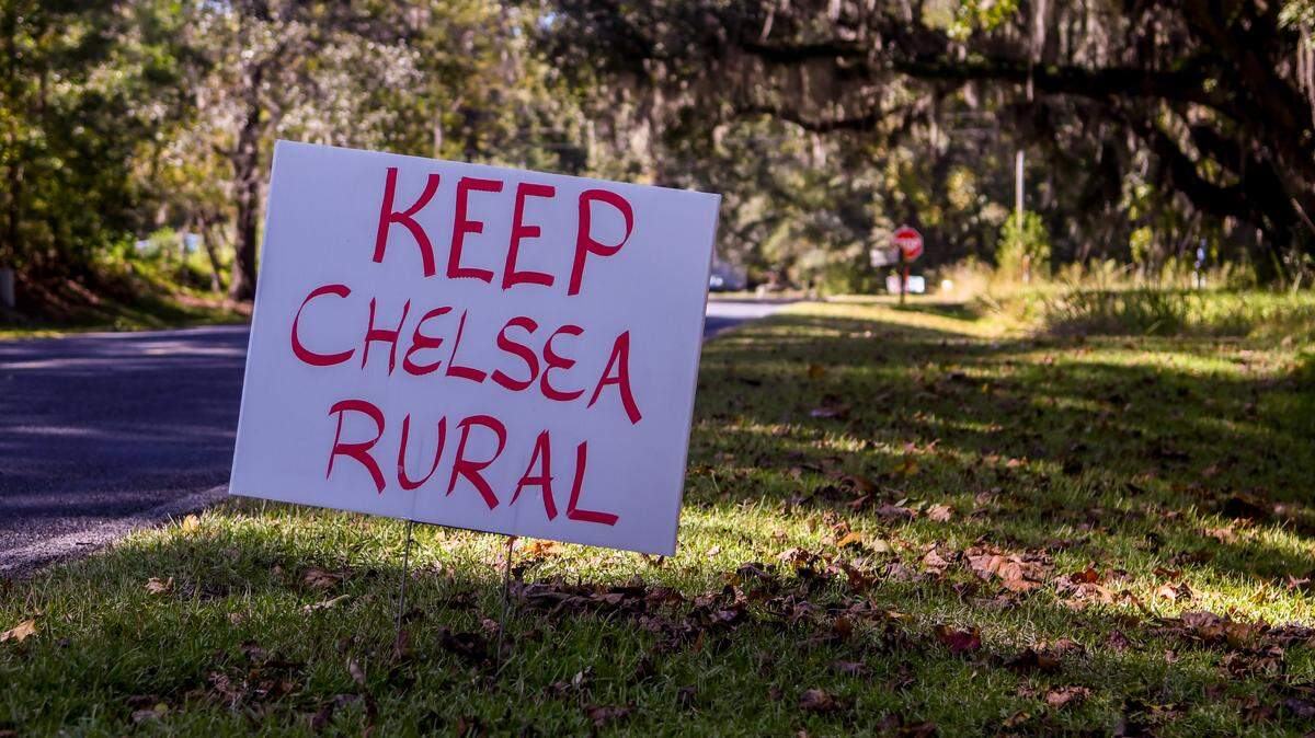A sign posted in 2022 declares to ‘Keep Chelsea Rural’ in protest of possible future development along Bolan Hall Road in Jasper County.