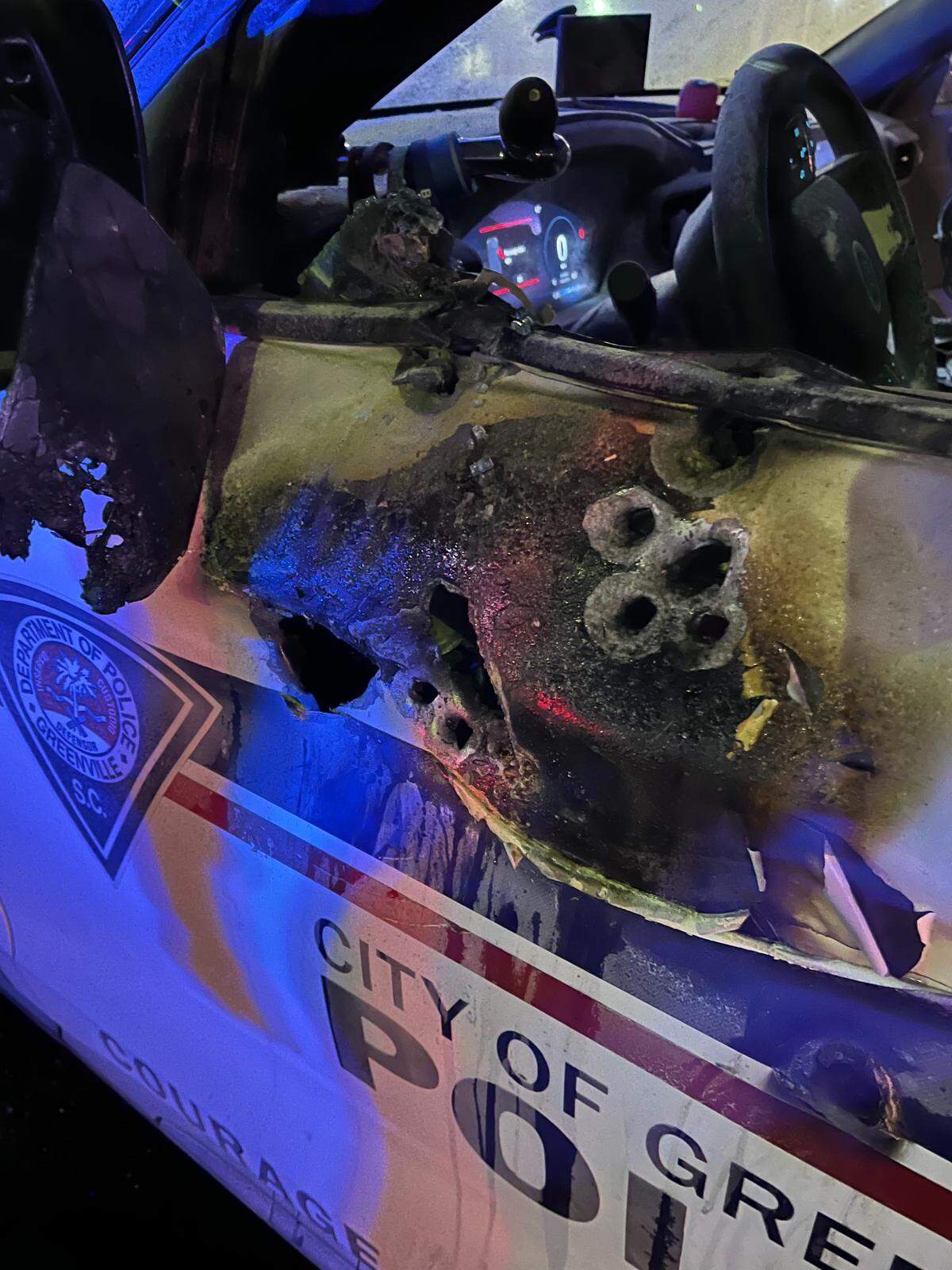 A Greenville, S.C., police officer was injured when an incendiary device was fired at his patrol car on Sunday, Jan. 11, 2026. The officer was treated at a hospital and released.