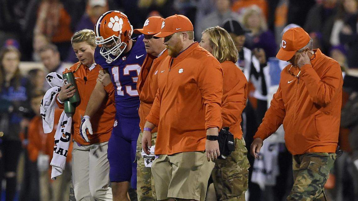 Clemson’s Hunter Renfrow is helped off of the field after an injury during the first half against Duke on Saturday, Nov. 17, 2018, in Clemson, S.C. 