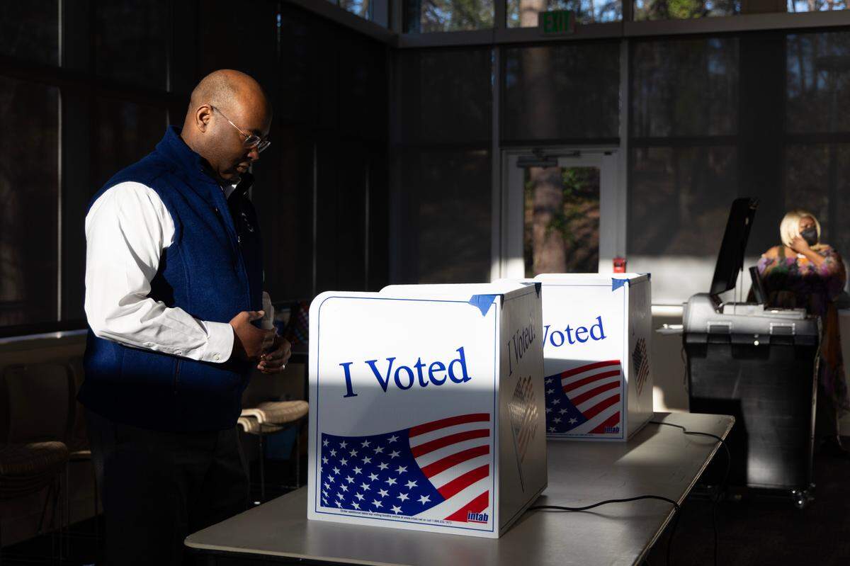 Democratic Party chair Jaime Harrison votes in the presidential primary in Columbia, South Carolina on Saturday, February 3, 2024. This is the first time South Carolina has been the official first state for a Democratic Party Primary.