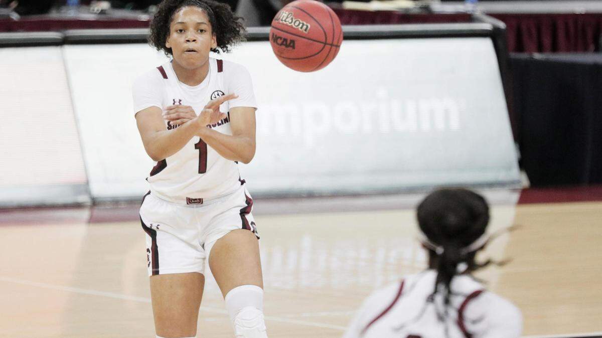 South Carolina Gamecocks guard Zia Cooke (1) passes to South Carolina Gamecocks guard Destanni Henderson (3) at Colonial Life Arena on Thursday, January 21, 2021.