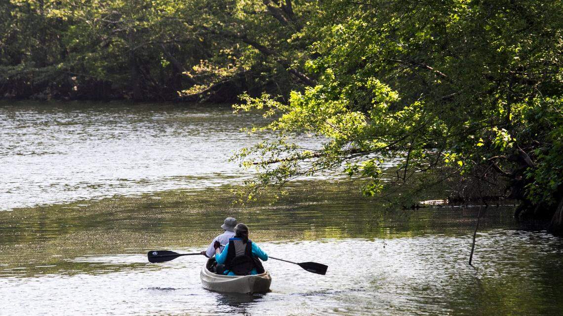 Paddlers make their way along the Waccamaw River picking up trash near Conway, S.C..